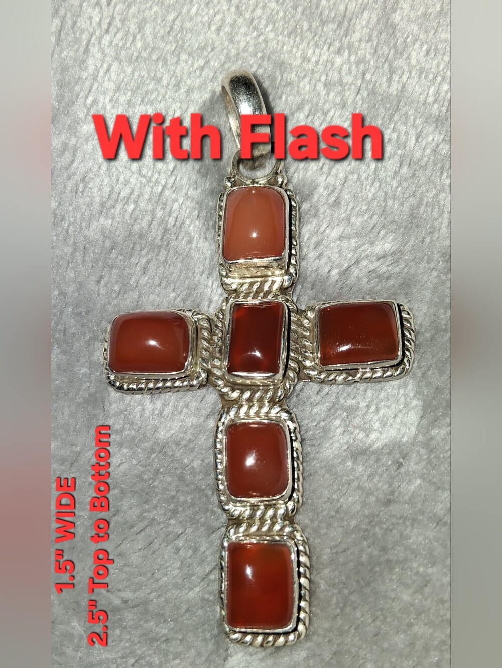 Sterling Silver 925 Cross With 6- Natural Carnellian Crystal Vintage Pendant